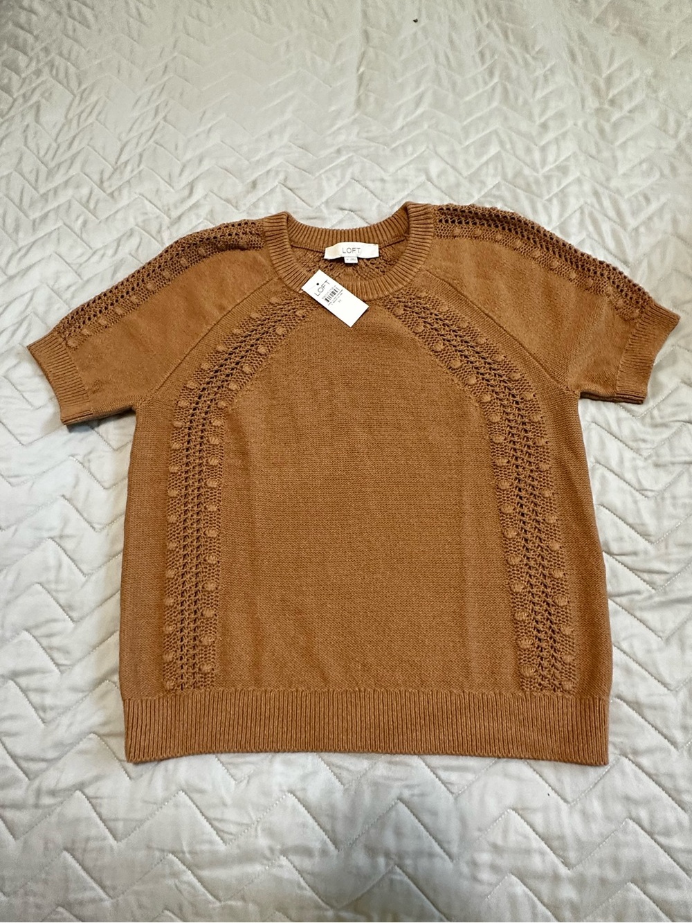 LOFT Camel Open-Knit Short Sleeve Sweater size Medium nwt